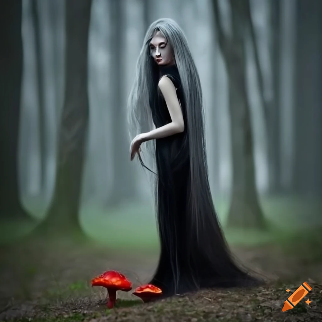 image of a witch collecting red mushrooms in a dark forest