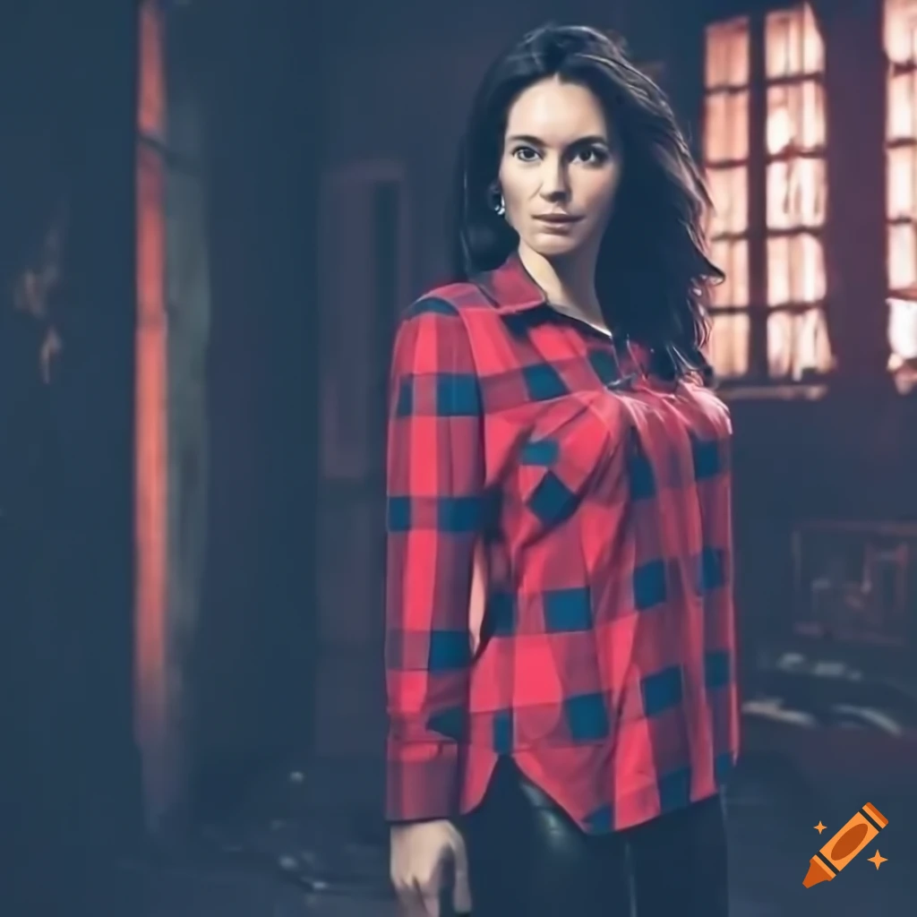 Two Relaxed Brunette Twins In Red Plaid Shirts And Black Leather 