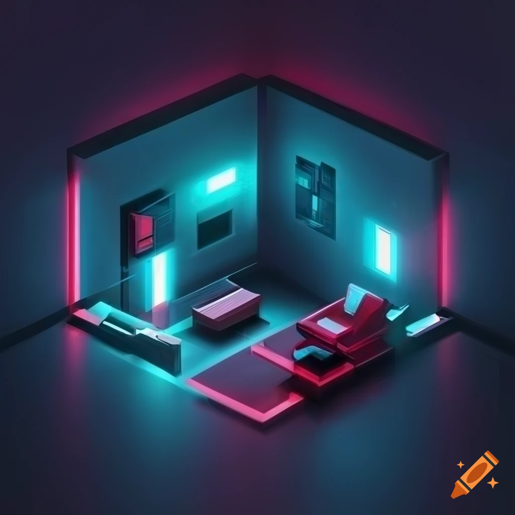 Hyperrealistic isometric room with neon lights