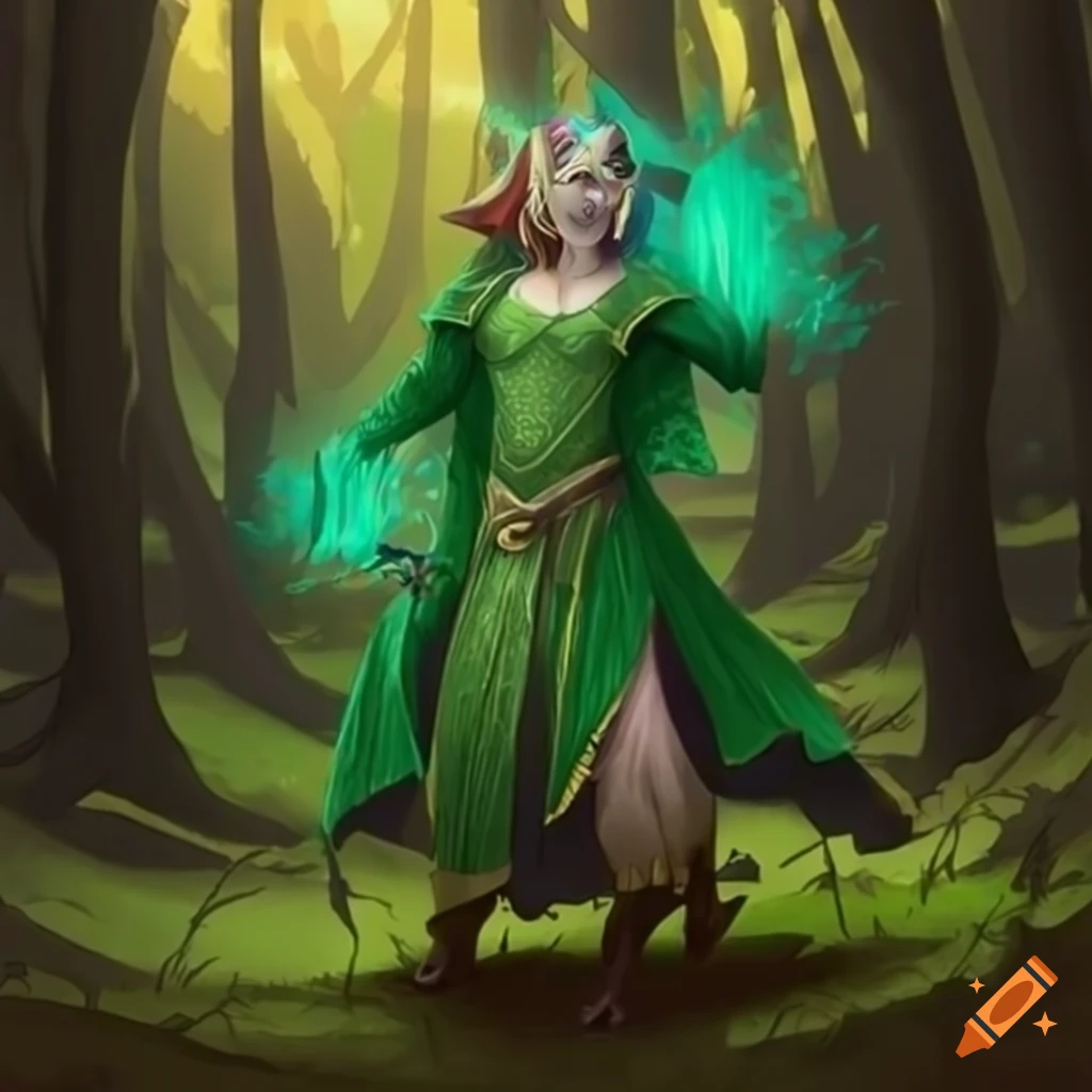 sorcerer-in-green-dress-surrounded-by-forest-animals