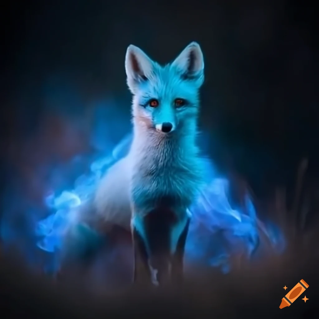 mystical white fox with blue fire on its tail
