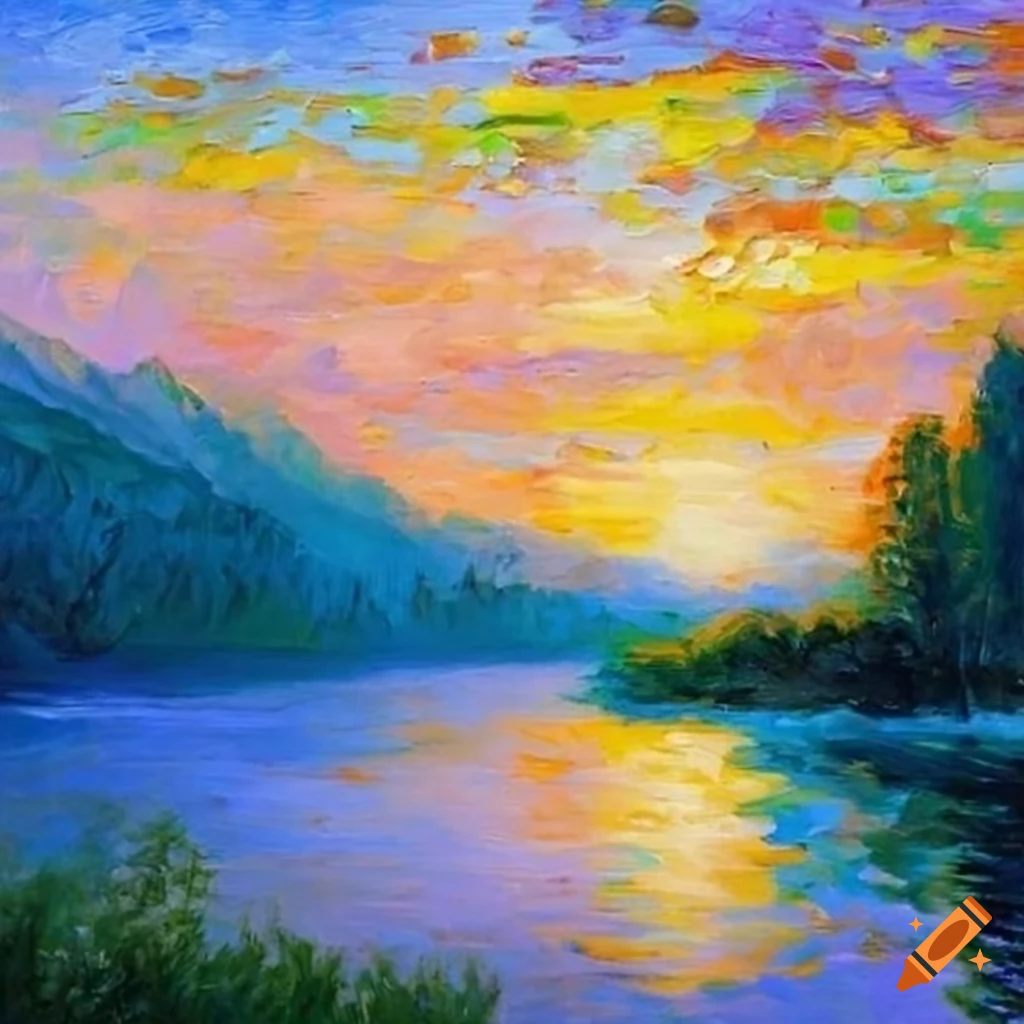 impressionism oil painting of a landscape with a lake