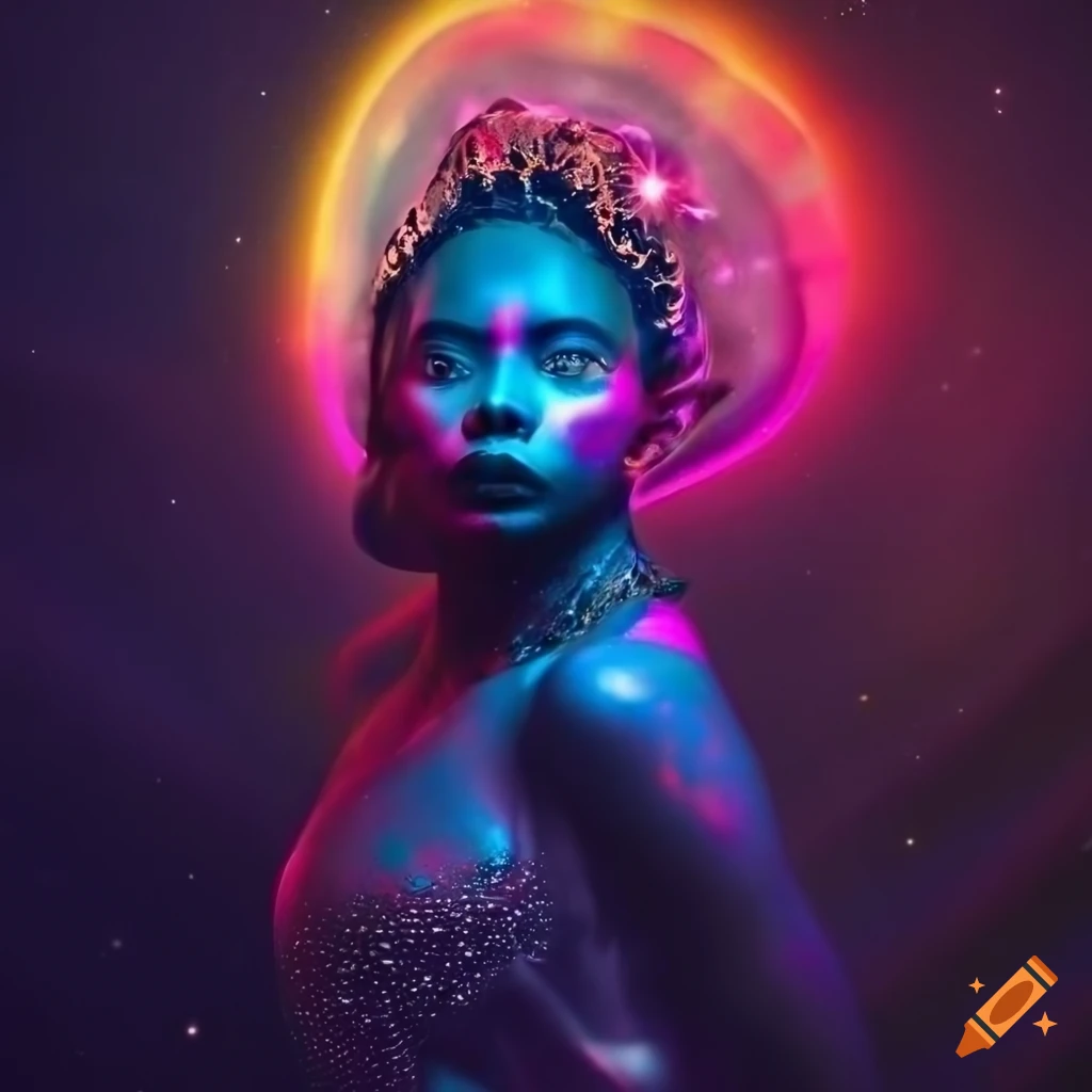 Neon fashion portrait with colorful cosmic background on Craiyon