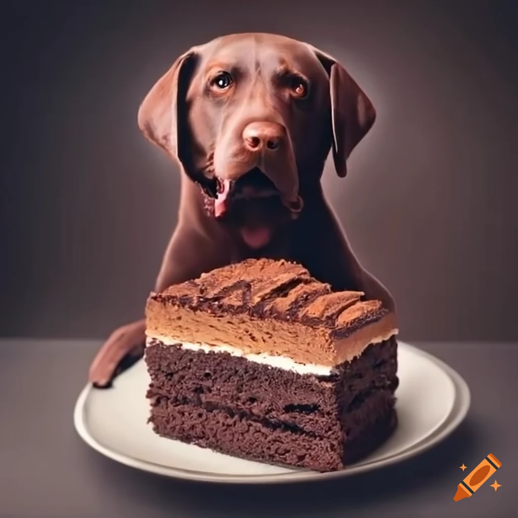 chocolate labrador eating cake in a bakery