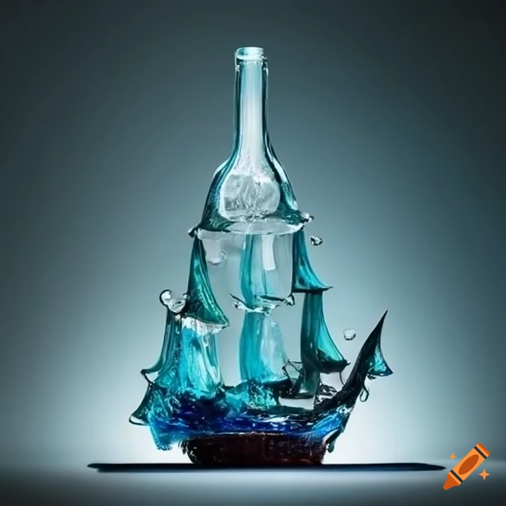Glass sculpture of a ship in a bottle on Craiyon