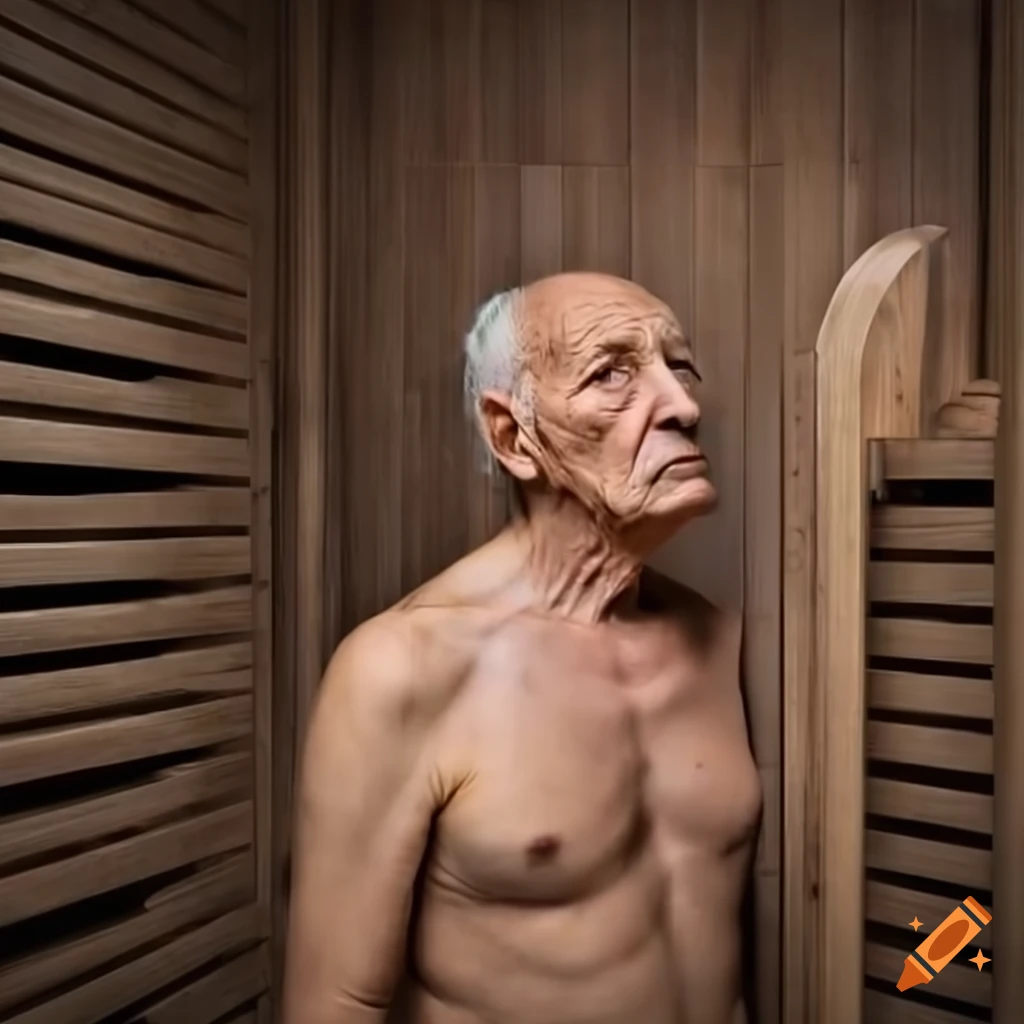 photorealistic depiction of an old man in a futuristic sauna