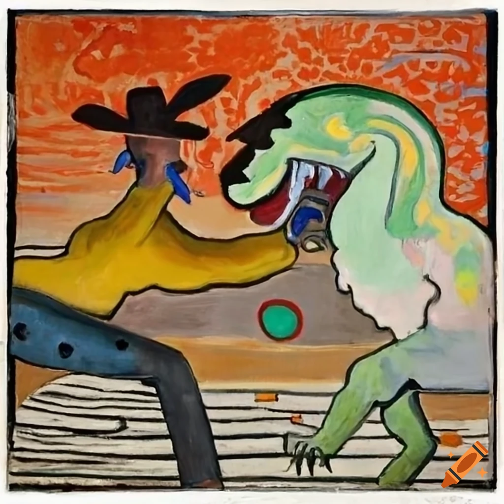 painting of a T-rex fighting a cowboy in a Wild-West rodeo scene