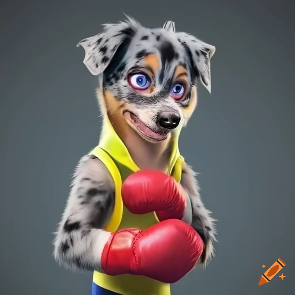 Dog wearing red boxing gloves and yellow wrestling singlet