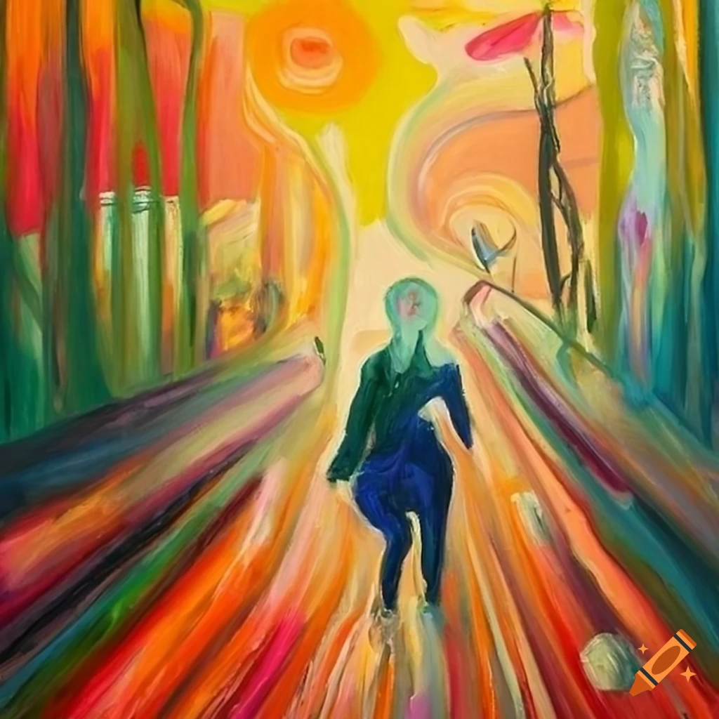 oil painting of a girl running in a forest with visible brush strokes