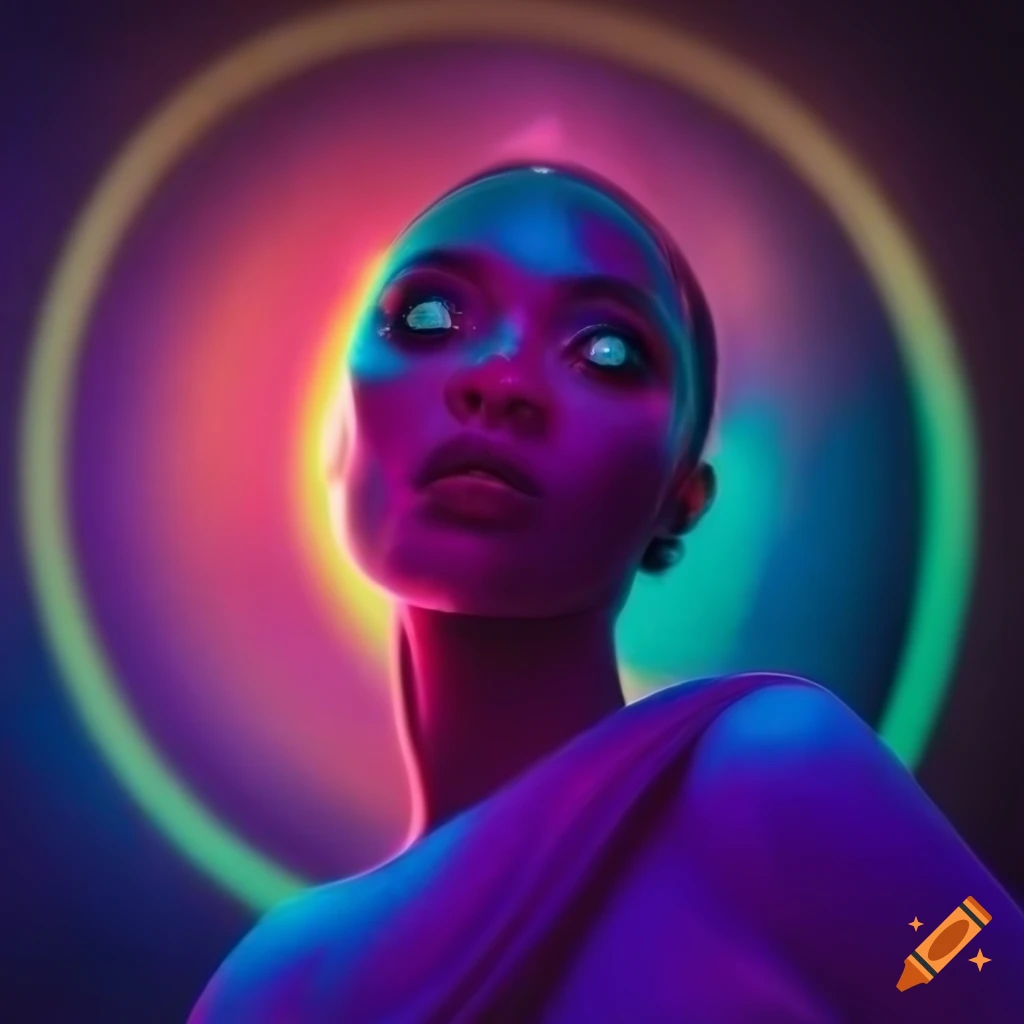 Neon portrait of a beautiful goddess with colorful background on Craiyon