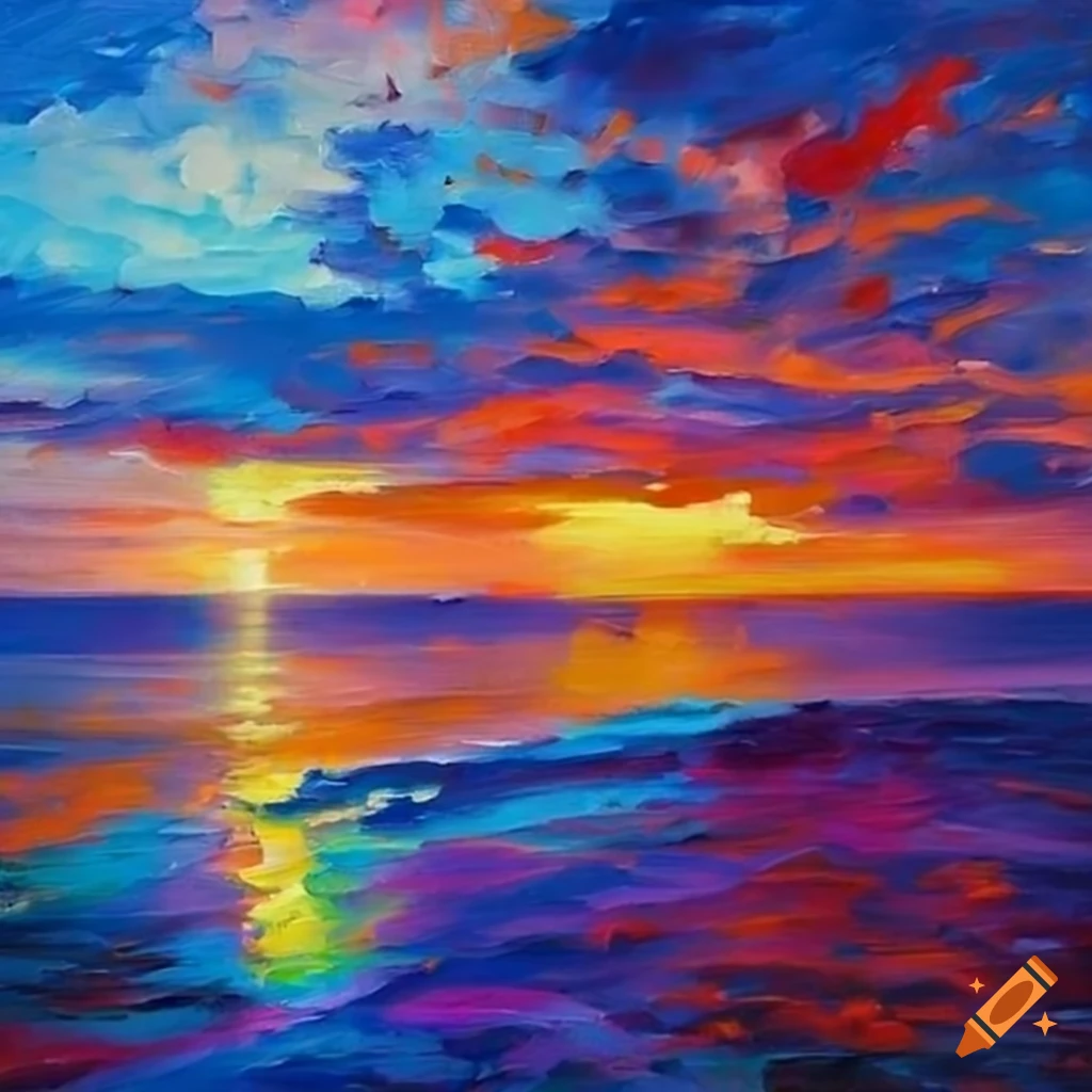 vibrant sunset over a wild sea oil painting