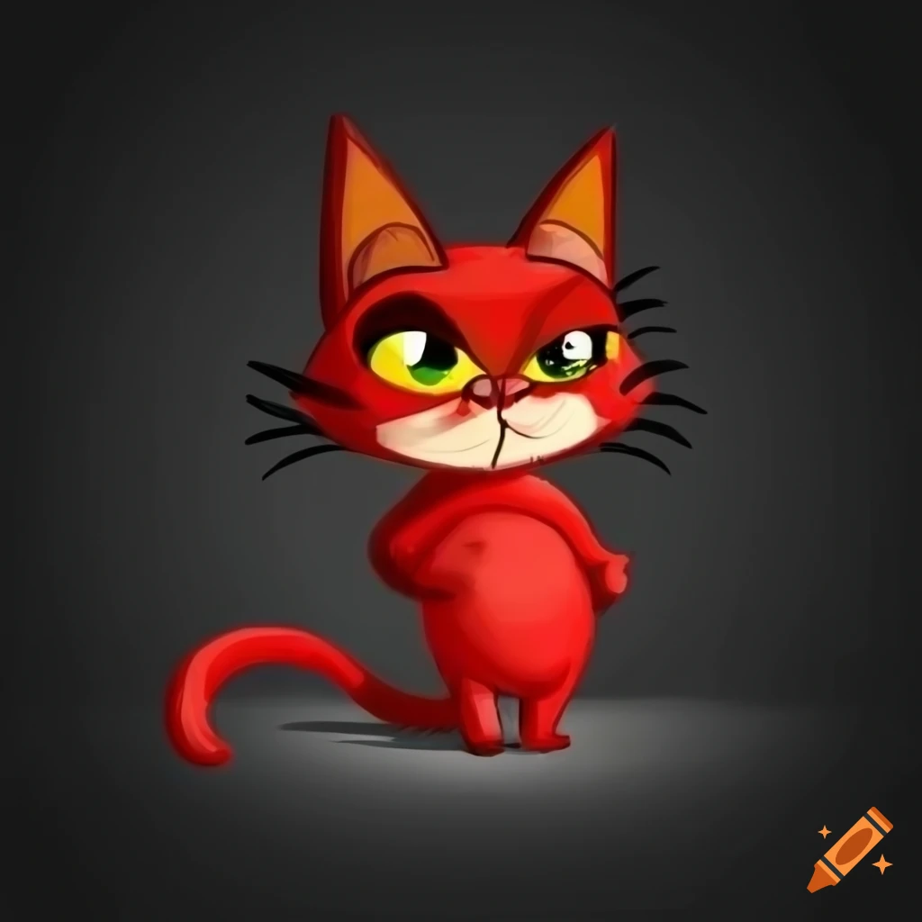 2D cartoon cat with red messy fur on black background