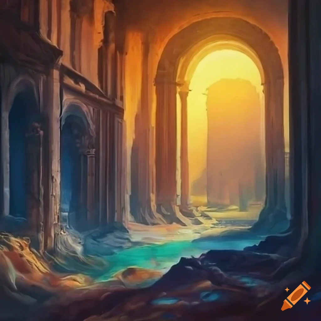 painting of ancient ruins in golden sunlight