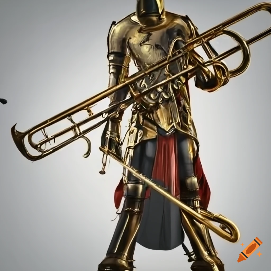 Illustration of a knight playing trombone on Craiyon