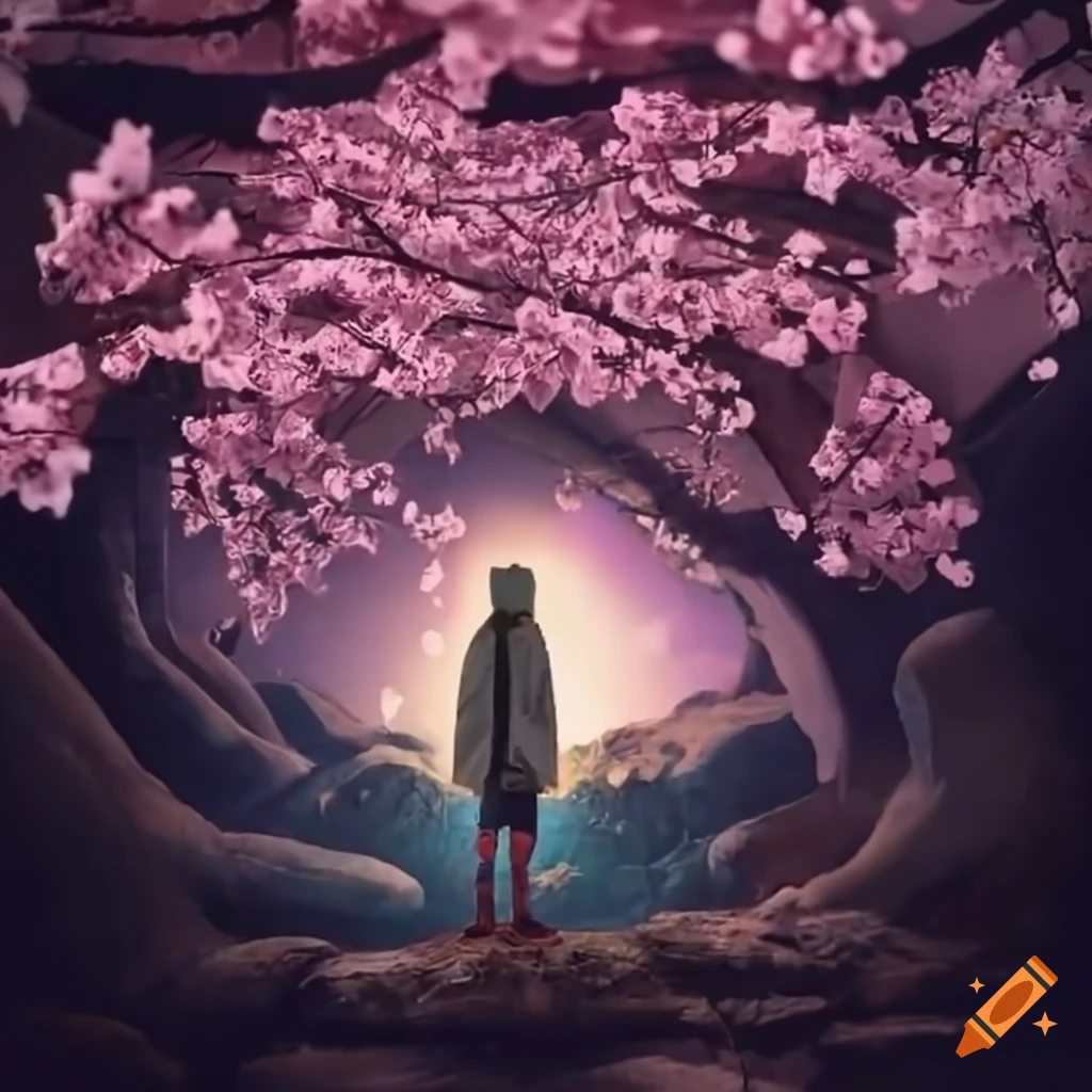 man standing in a cave with a saw in front of a cherry blossom tree