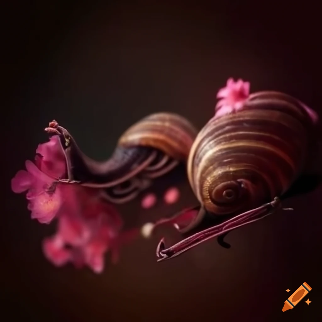 cyberpunk-inspired image of a snail in a cherry blossom garden