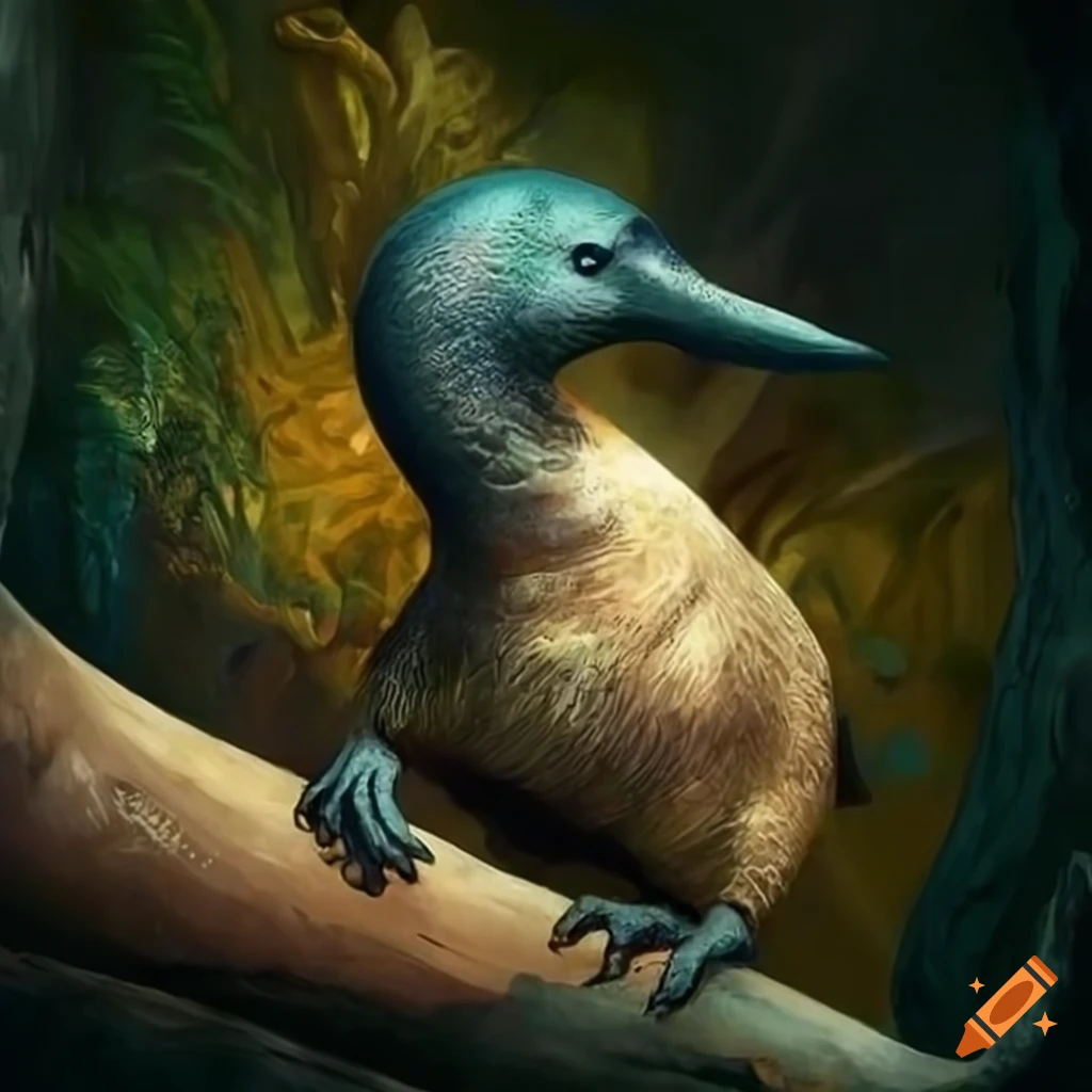 artwork of a horned, winged platypus eating a tree