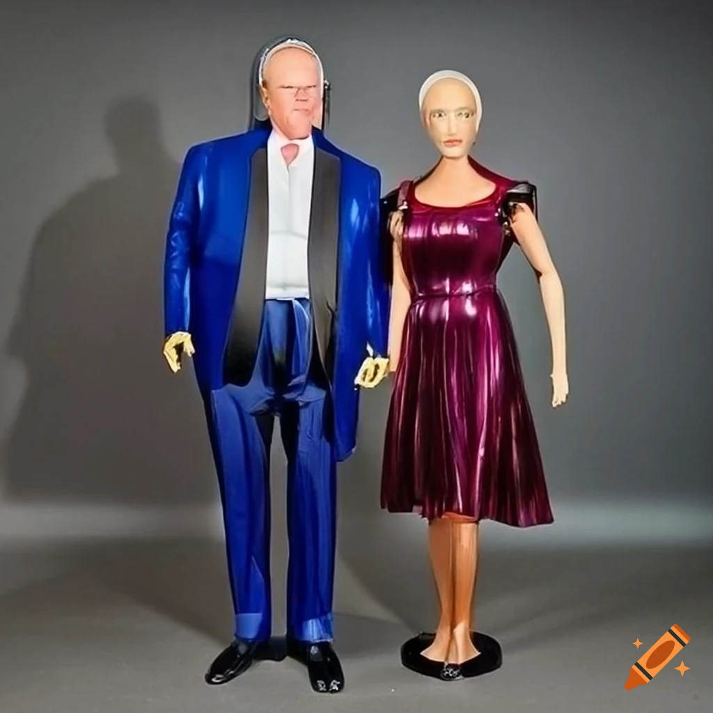 life-size plastic mannequins of evil CEOs at a garage sale