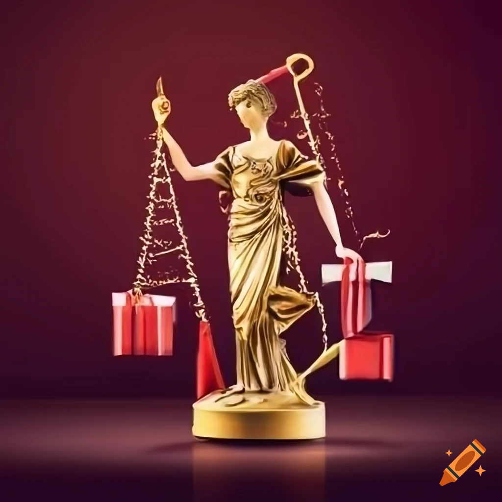 Christmas-themed Justitia holding gifts