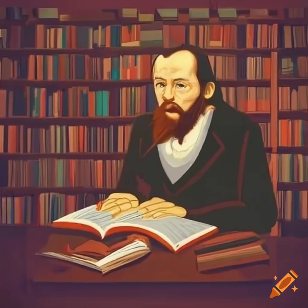 retro-style-animation-of-dostoevsky-reading-in-a-library