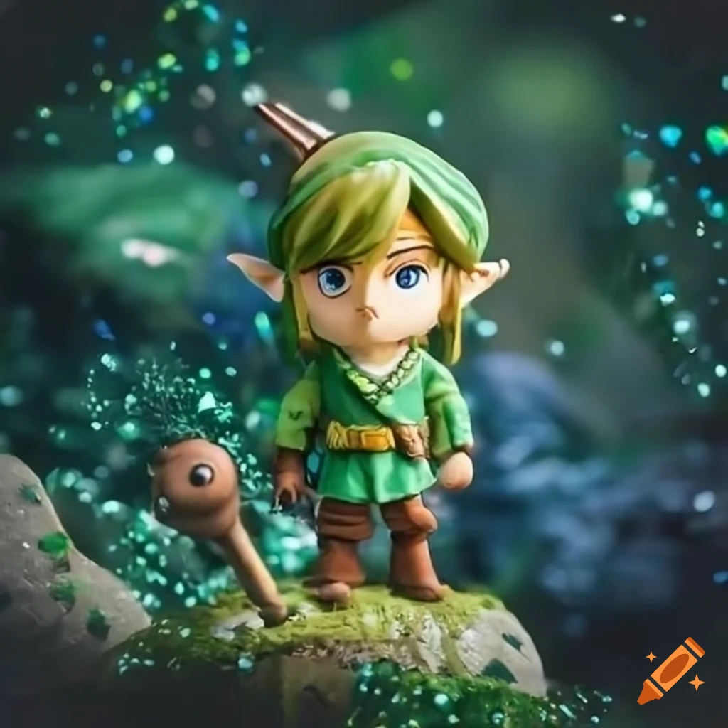 diorama of Link from Zelda in a glittery forest