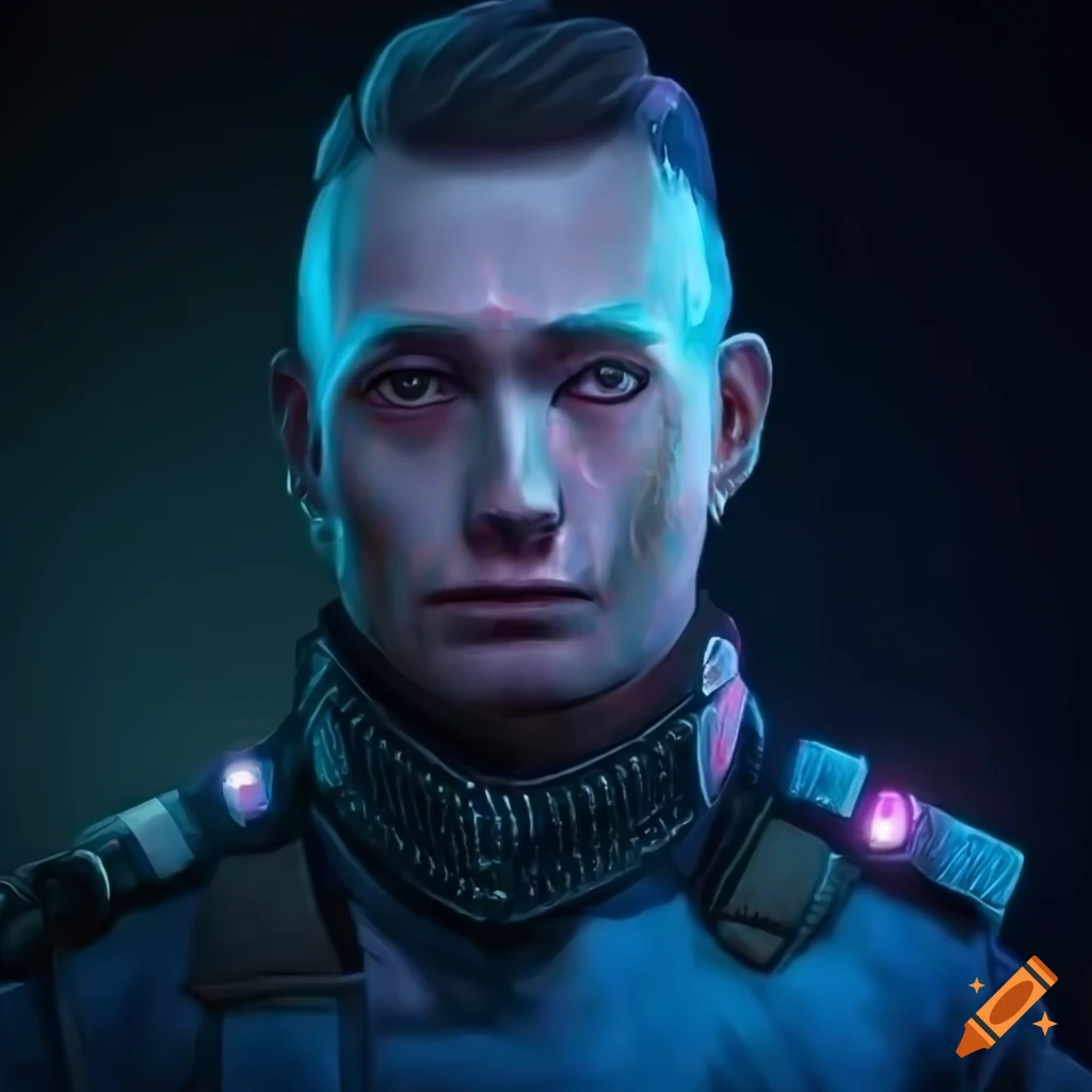 Neon-lit cyberpunk police officer portrait on Craiyon