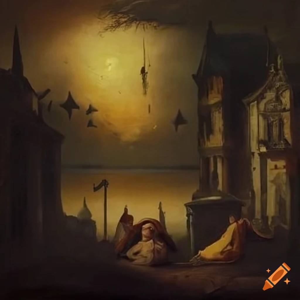 old and eerie painting with bizarre scenes