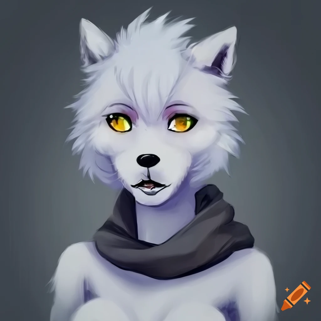 White wolf furry girl with yellow eyes and short white hair