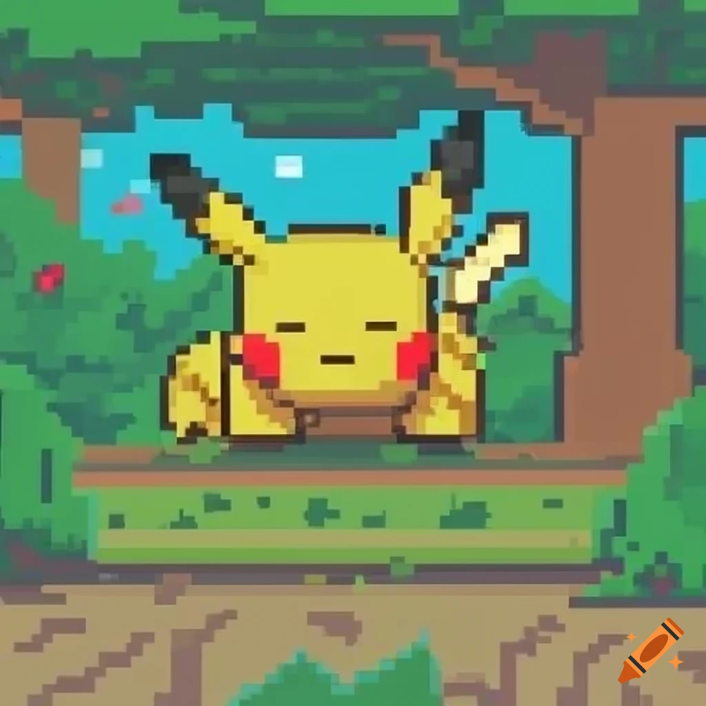pixel art of a sleeping Pikachu in a forest