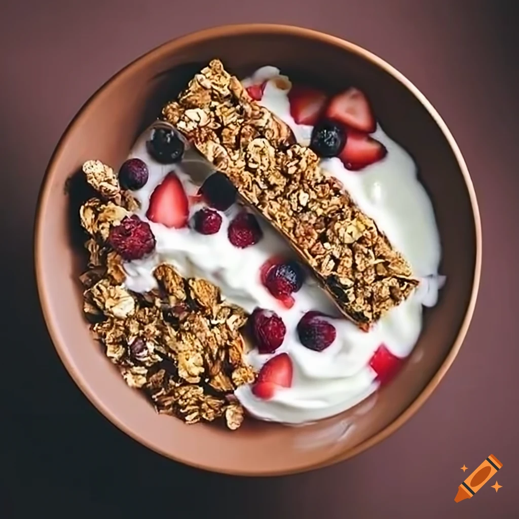 Bowl of yogurt with granola bars and fruit on Craiyon