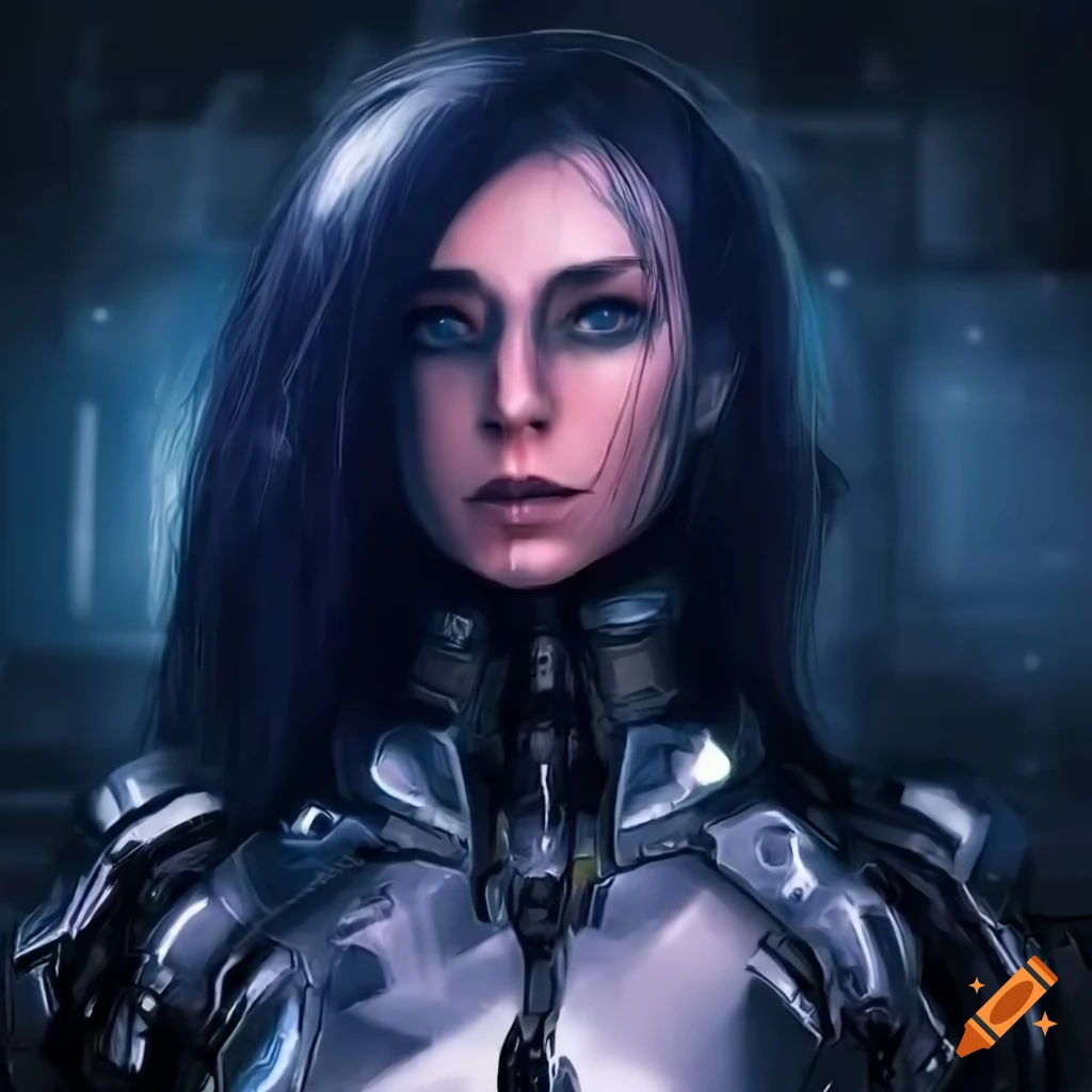 Futuristic female cyborg in chrome armor standing in spaceship