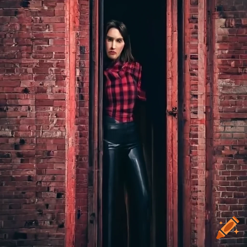 red-plaid-shirt and highwaist-black-leather-trousers fashion photo