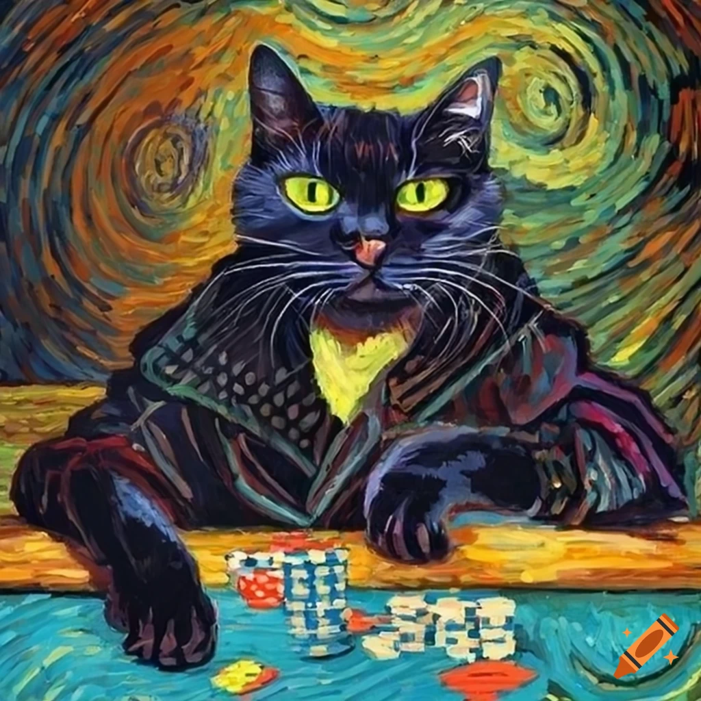 Van Gogh-style black cat playing poker