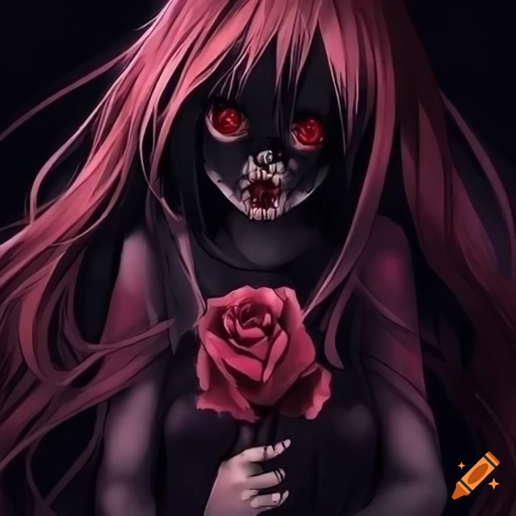 scary anime girl holding a black rose