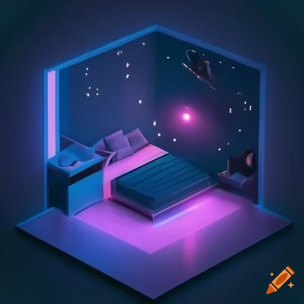 Hyper-realistic isometric room with neon lights