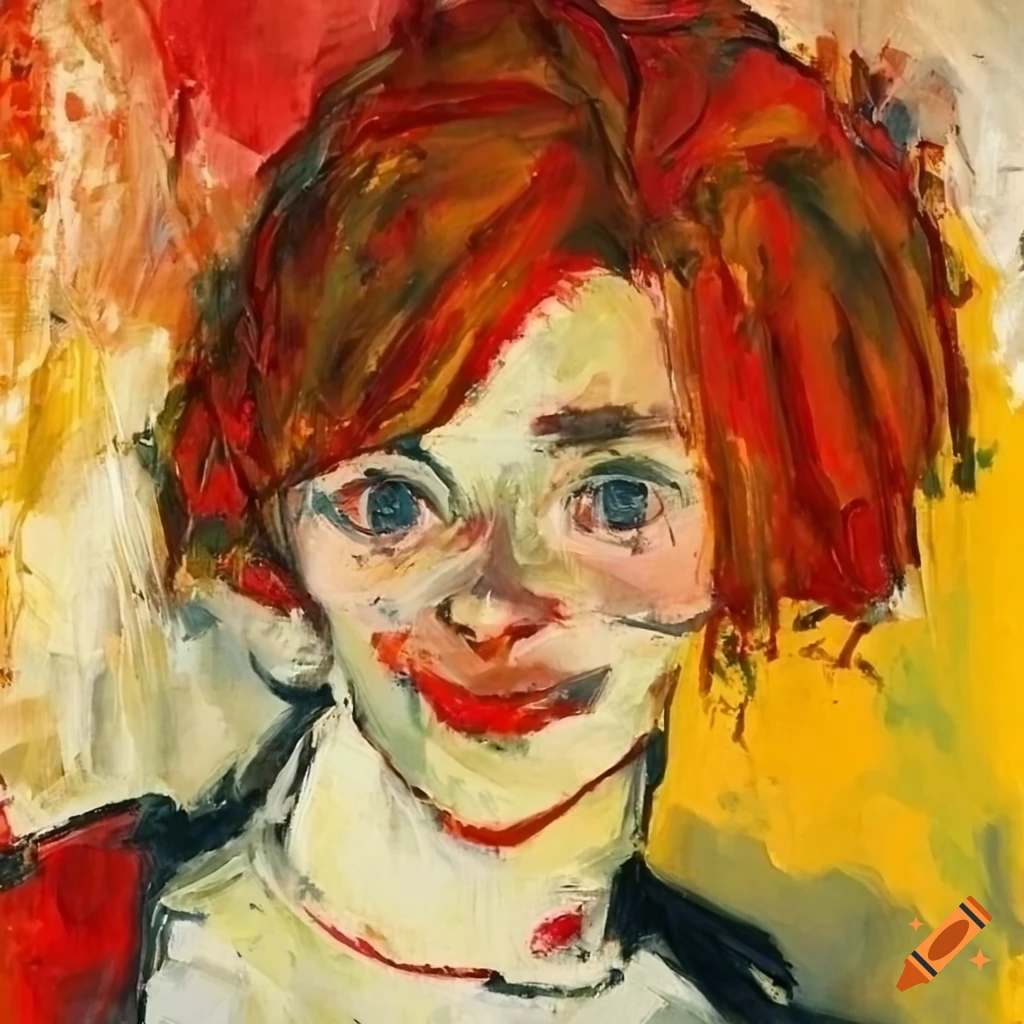 Coarse brush strokes painting of a smiling girl in red and yellow on ...