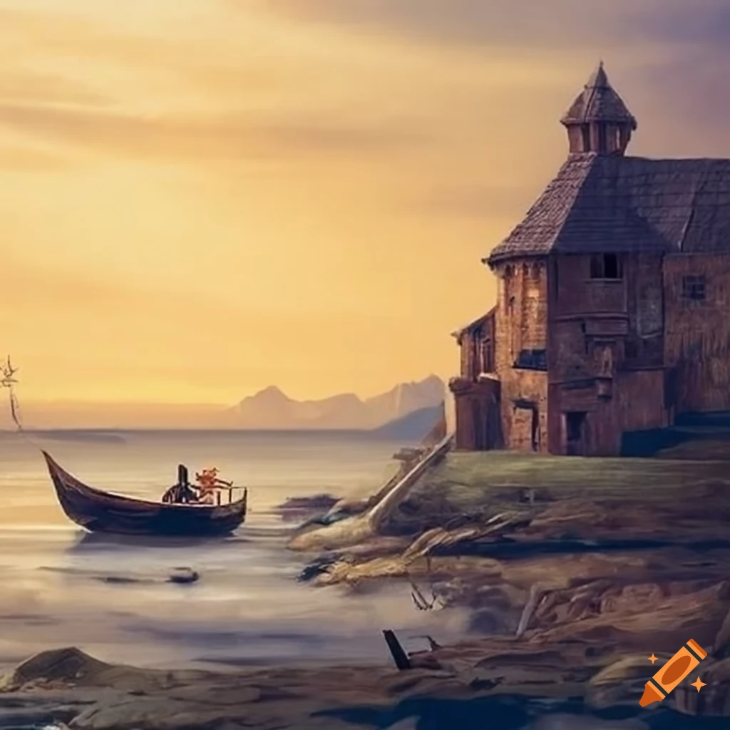 medieval-seascape-with-a-small-boat-and-high-tide-on-craiyon