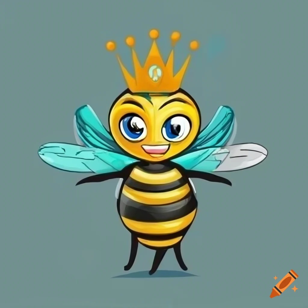 cartoon bee sports mascot with teal wings and crown