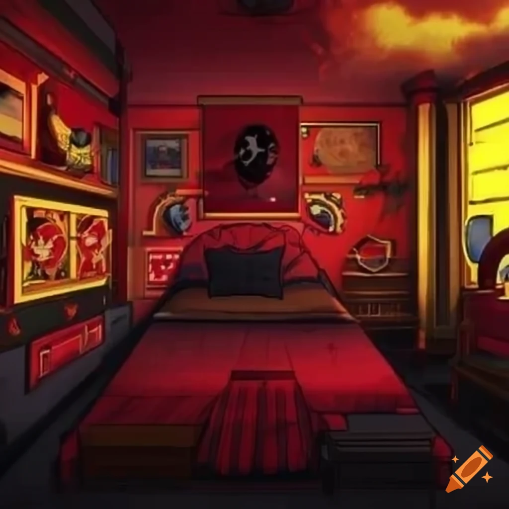 Aesthetic anime bedroom in yellow, gold, black & red on Craiyon