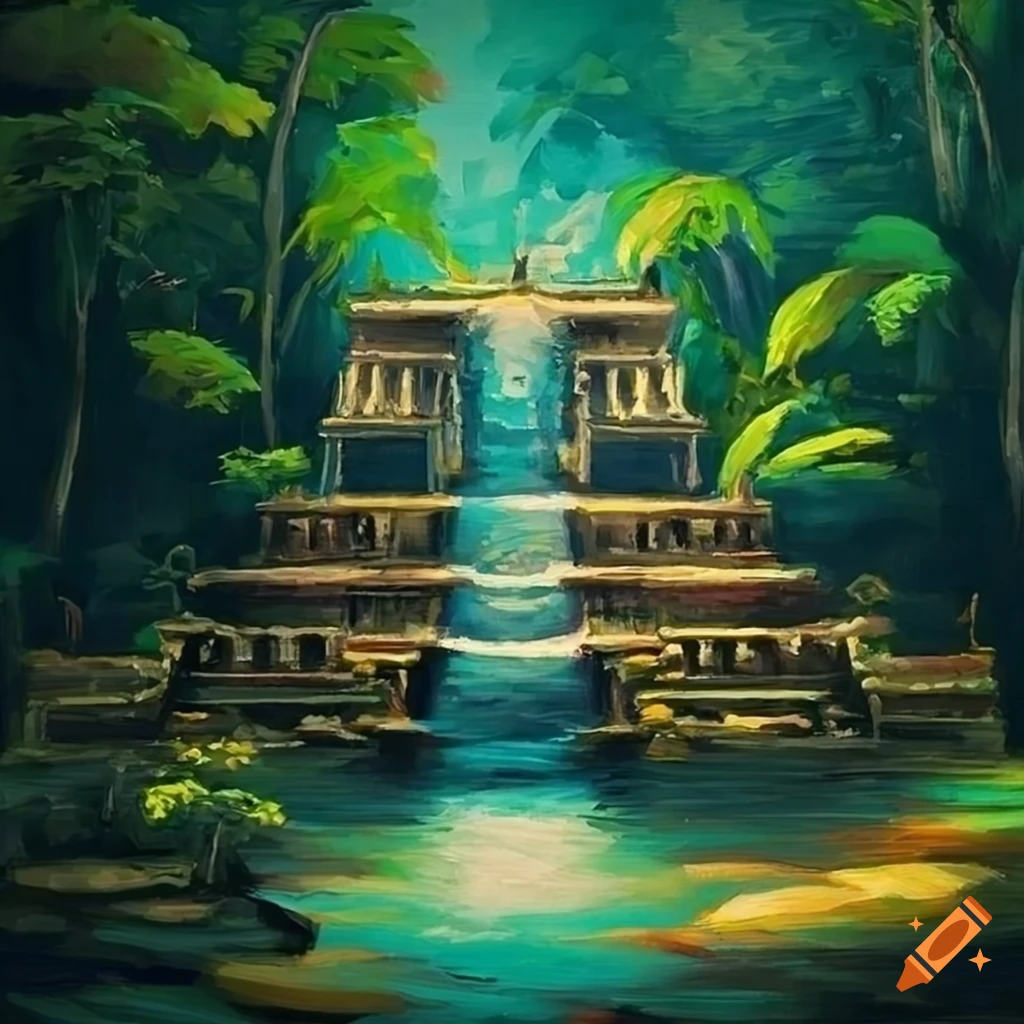 Oil painting of a mysterious ancient temple in the jungle on Craiyon