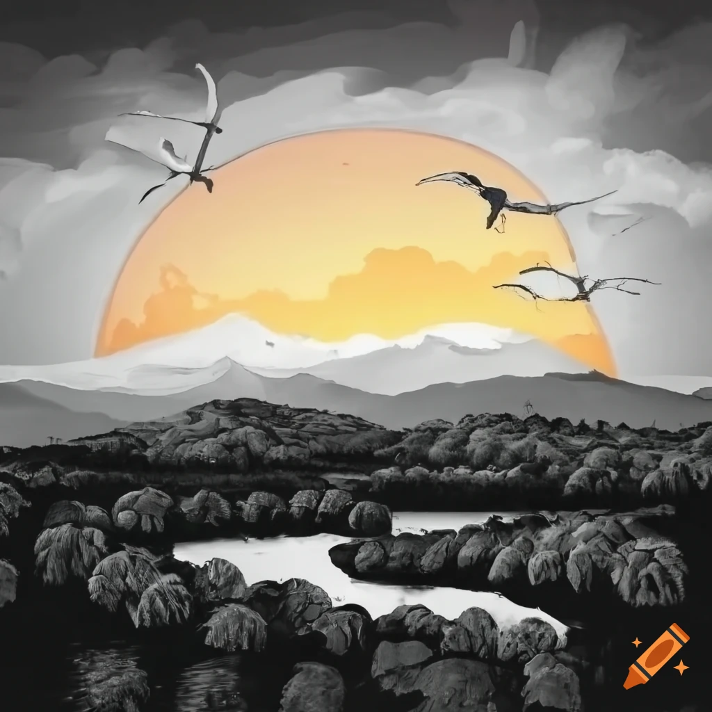 black and white scenery of an orchard with sandhill cranes