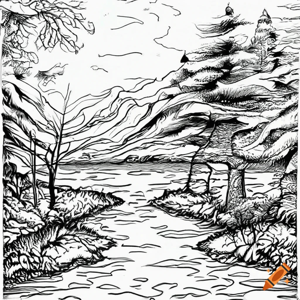Detailed black and white landscape drawing