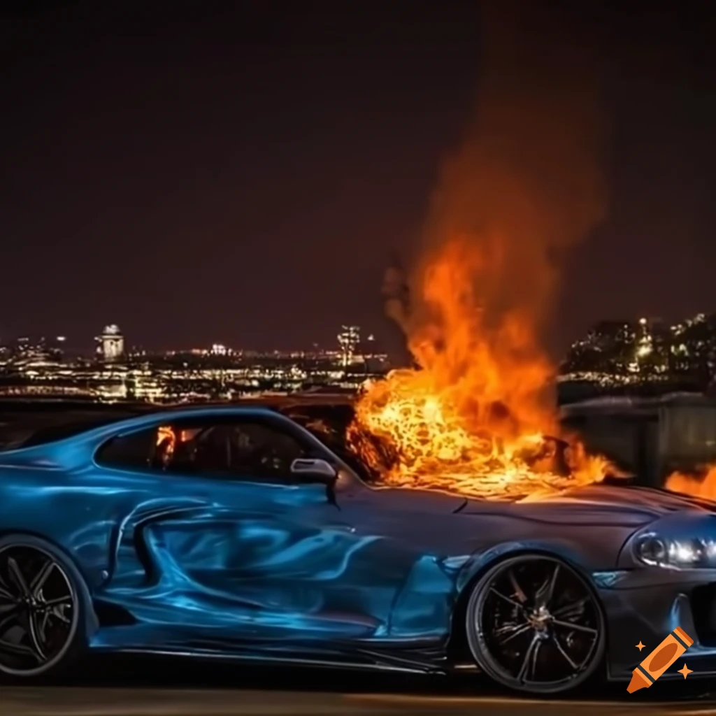 Toyota Supra on a bridge with flames