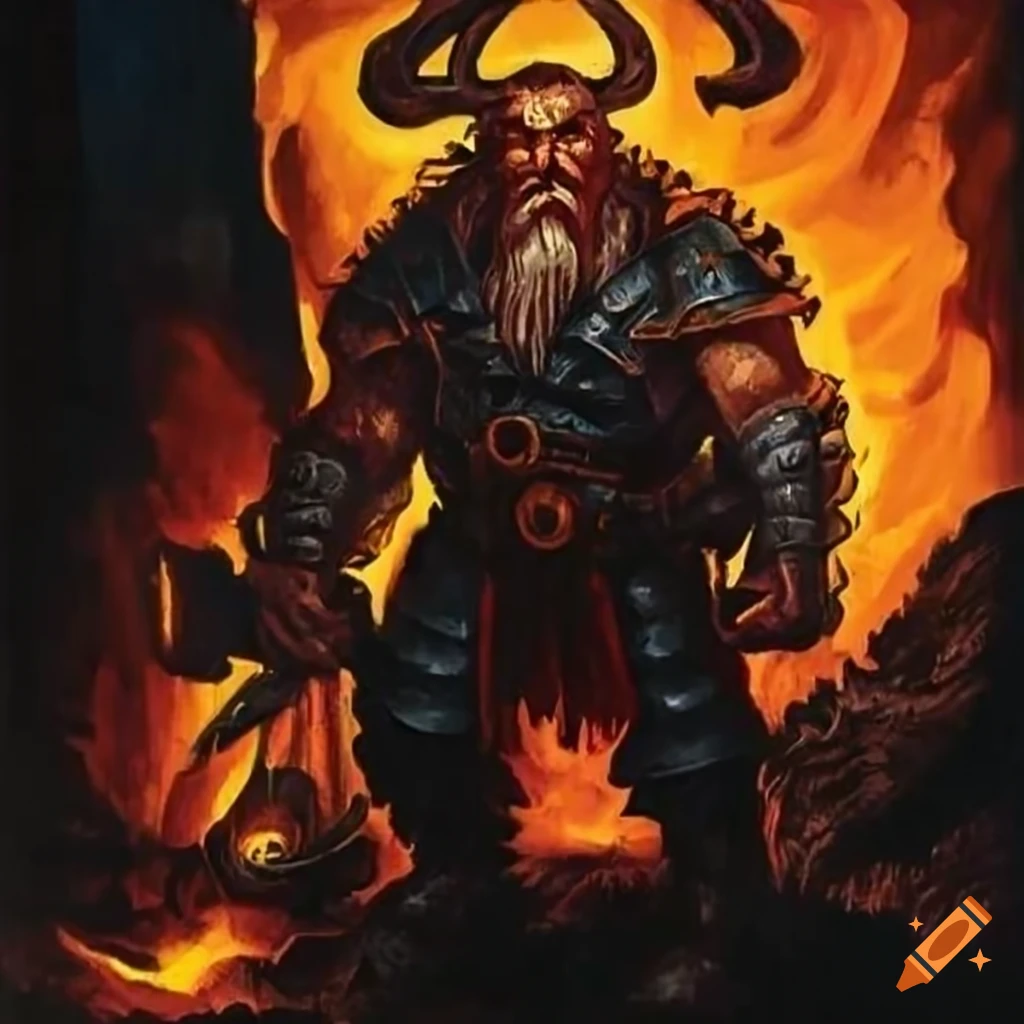 illustration of a powerful dwarf in a fiery forge