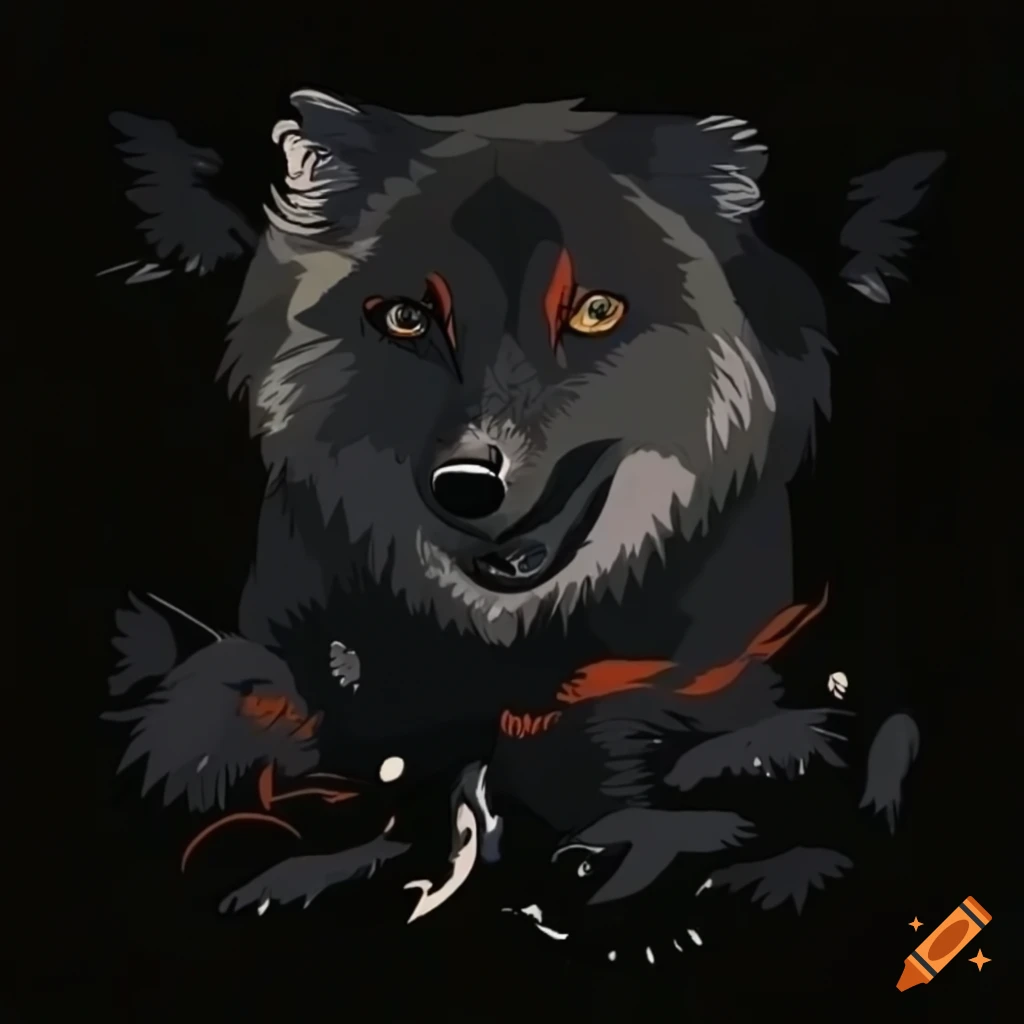 wolf surrounded by ravens