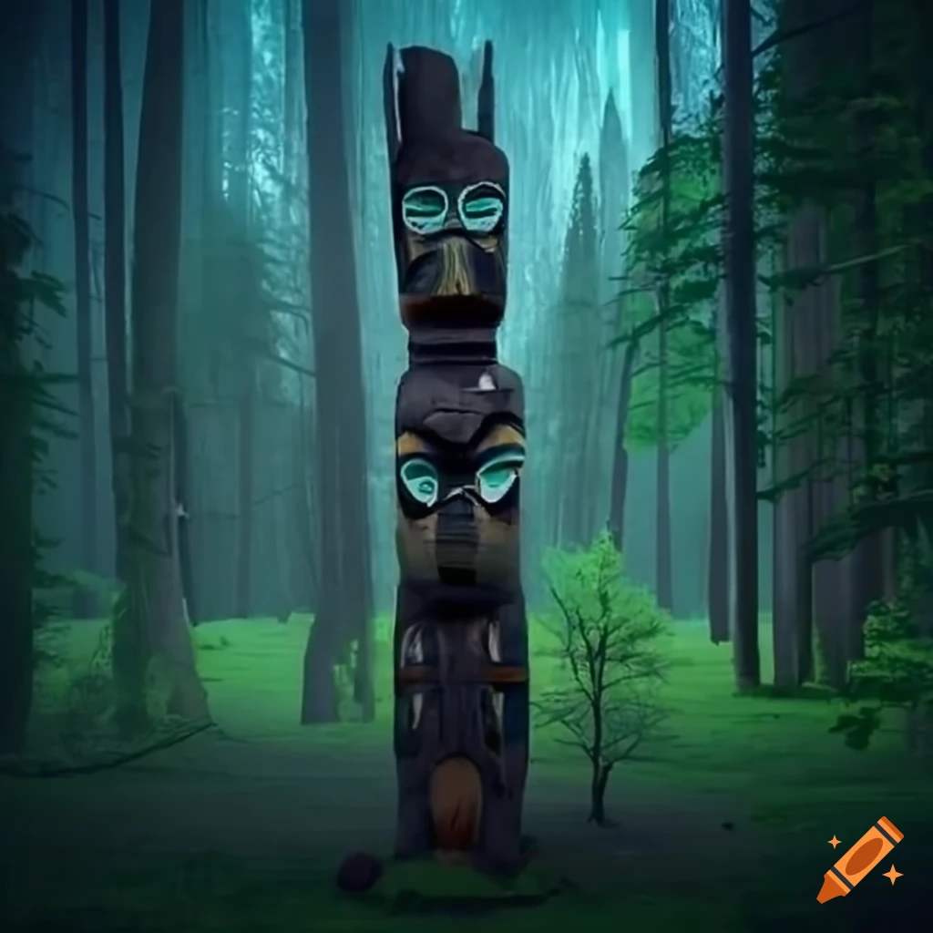 Totem pole in a dark forest