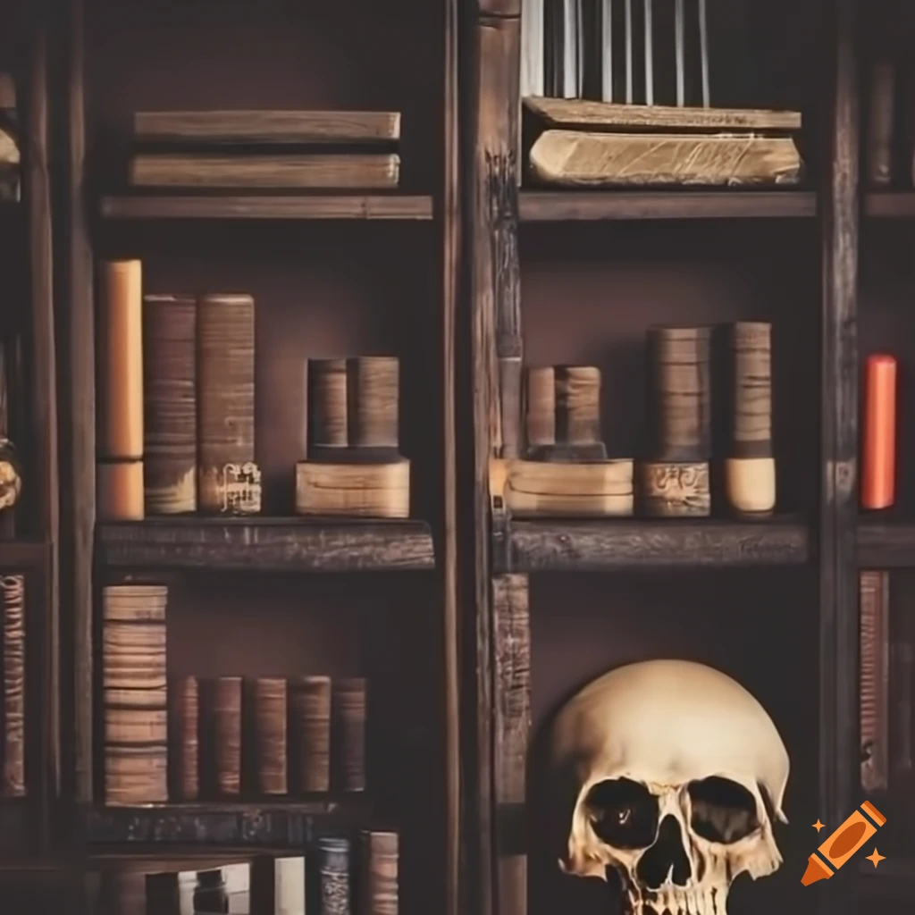 Dark bookshelf with books, skulls, and candles on Craiyon
