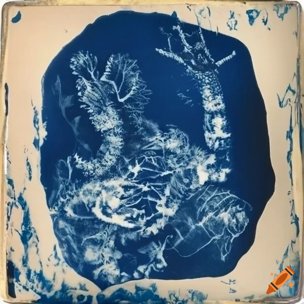 Cyanotype art of an ancient god residing in rocks on craiyon