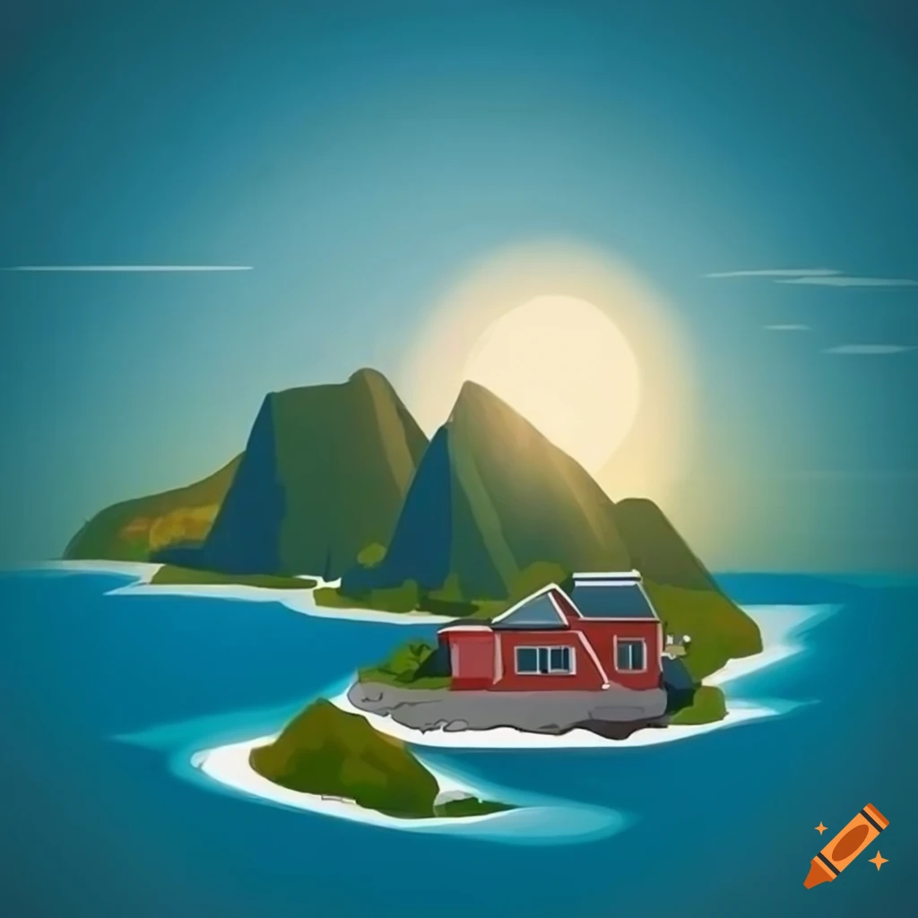 Cartoon illustration of a norwegian archipelago on Craiyon