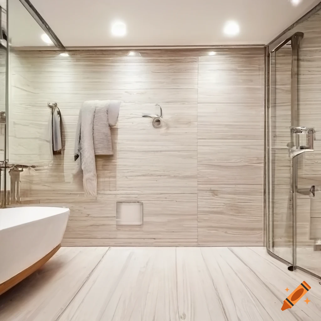 Wooden floor bathroom with spacious shower and white mat on Craiyon